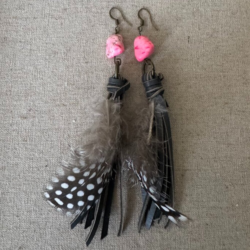 Feather Earrings Boho with Leather Fringe and Pink Stone Accent
